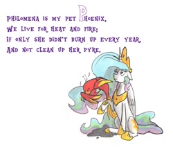 Size: 942x848 | Tagged: safe, artist:frankilew, imported from derpibooru, philomena, princess celestia, alicorn, bird, phoenix, pony, celestia abc, ash, celestia is not amused, crown, duo, ethereal mane, eyes closed, female, floppy ears, hoof shoes, jewelry, mare, peytral, regalia, rhyme, simple background, sitting, unamused, white background