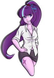 Size: 900x1286 | Tagged: safe, artist:helithusvy, artist:thanhvy15599, imported from derpibooru, starlight glimmer, human, breasts, cleavage, clothes, female, humanized, miniskirt, ponytail, shirt, skirt, solo, stupid sexy starlight glimmer, thighs