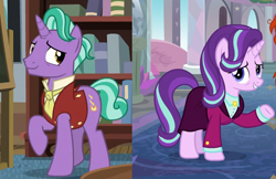 Size: 704x455 | Tagged: safe, edit, imported from derpibooru, screencap, firelight, starlight glimmer, pony, unicorn, the last problem, the parent map, clothes, headmare starlight, like father like daughter, like parent like child, older starlight glimmer, suit