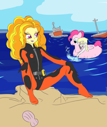 Size: 2298x2728 | Tagged: safe, artist:drunken bubblez, derpibooru exclusive, imported from derpibooru, adagio dazzle, derpy hooves, pinkie pie, equestria girls, boat, deflating, female, floaty, inflatable, inflatable toy, ocean, pool toy, pop, ship, shipwreck, wetsuit