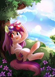 Size: 1280x1773 | Tagged: safe, artist:renokim, imported from derpibooru, oc, oc only, oc:purple eye, pony, unicorn, deviantart watermark, flower, heterochromia, lens flare, obtrusive watermark, scenery, solo, tree, watermark