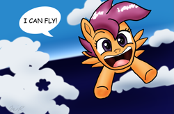 Size: 1833x1203 | Tagged: safe, artist:sonigoku, imported from derpibooru, scootaloo, pegasus, pony, happy birthday mlp:fim, irrational exuberance, mlp fim's ninth anniversary, scootaloo can fly, smiling, song reference