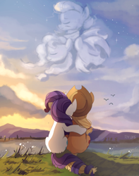 Size: 1500x1900 | Tagged: safe, artist:tcn1205, imported from derpibooru, applejack, bright mac, granny smith, pear butter, rarity, earth pony, pony, unicorn, the last problem, cloud, cute, female, intertwined tails, lesbian, mare, mountain, rarijack, rear view, sad, sadorable, scenery, shipping, sitting, sky, stars, tail, water