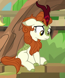 Size: 600x720 | Tagged: safe, imported from derpibooru, screencap, autumn blaze, kirin, sounds of silence, awwtumn blaze, cropped, cute, female, floppy ears, looking down, sitting, solo