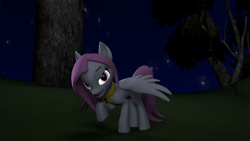 Size: 1920x1080 | Tagged: safe, artist:sashagemini, imported from derpibooru, oc, oc only, oc:sasha gemini, pegasus, pony, 3d, female, forest, grin, mare, night, outdoors, raised hoof, revamped ponies, smiling, solo, source filmmaker, tree, wings