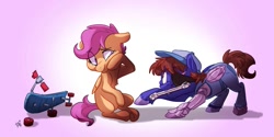 Size: 1267x631 | Tagged: safe, artist:assassin-or-shadow, imported from derpibooru, scootaloo, oc, oc:gear grind, pegasus, pony, amputee, artificial wings, augmented, broken, eyepatch, foal, hat, mouth hold, overalls, prosthetic leg, prosthetic limb, prosthetic wing, prosthetics, scooter, teary eyes, wings, wiping tears, wrench