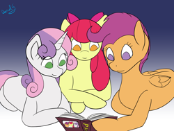 Size: 2500x1885 | Tagged: safe, artist:darnelg, imported from derpibooru, apple bloom, scootaloo, sweetie belle, earth pony, pegasus, pony, unicorn, book, cutie mark crusaders, happy birthday mlp:fim, mlp fim's ninth anniversary, older, older apple bloom, older cmc, older scootaloo, older sweetie belle, photo album, reminiscing