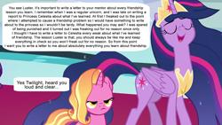 Size: 1920x1080 | Tagged: safe, edit, edited screencap, imported from derpibooru, screencap, luster dawn, twilight sparkle, alicorn, pony, unicorn, lesson zero, the last problem, exploitable meme, grammar error, luster dawn is not amused, meme, mid-blink screencap, misspelling, narcissism, older, older twilight, princess twilight 2.0, speech bubble, tl;dr, twilight 2.0's reminiscences, twilight sparkle (alicorn)