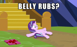 Size: 524x318 | Tagged: safe, edit, edited screencap, imported from derpibooru, screencap, starlight glimmer, pony, unicorn, the last problem, belly, bellyrubs, caption, cropped, female, image macro, lying down, on back, solo, surprised, text