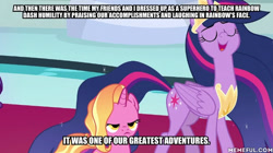 Size: 600x337 | Tagged: safe, edit, edited screencap, imported from derpibooru, screencap, luster dawn, twilight sparkle, alicorn, pony, the last problem, the mysterious mare do well, exploitable meme, meme, memeful.com, mid-blink screencap, older, older twilight, princess twilight 2.0, twilight 2.0's reminiscences, twilight sparkle (alicorn)