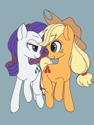 Size: 2448x3264 | Tagged: safe, artist:haibaratomoe, imported from derpibooru, applejack, rarity, earth pony, pony, unicorn, bedroom eyes, cutie mark, eye contact, female, lesbian, lidded eyes, looking at each other, one hoof raised, raised hoof, rarijack, shipping, smiling