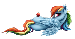 Size: 1900x1000 | Tagged: safe, artist:rainbow, imported from derpibooru, rainbow dash, pegasus, pony, apple, ear fluff, female, food, looking at you, looking back, looking back at you, lying down, mare, on side, rear view, side, simple background, transparent background