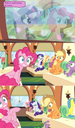 Size: 1358x2296 | Tagged: safe, edit, edited screencap, imported from derpibooru, screencap, applejack, lemon hearts, pinkie pie, rarity, spike, dragon, the last problem, comic, curtain, curtains, dialogue, lamp, reflection, screencap comic, seat, speech bubble, train, window, winged spike, wings