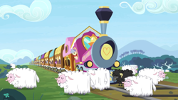 Size: 1366x768 | Tagged: safe, imported from derpibooru, screencap, amethyst star, sparkler, pony, sheep, the last problem, conductor, friendship express, tracks, train, train tracks