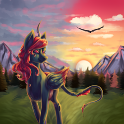 Size: 1350x1350 | Tagged: source needed, useless source url, safe, imported from derpibooru, oc, oc only, oc:king phoenix embers, changeling, dracony, dragon, hybrid, pony, pretty, red changeling, sunset, walk, ych result