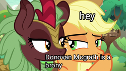 Size: 250x141 | Tagged: safe, deleted from derpibooru, imported from derpibooru, applejack, kirin, sounds of silence, donovan mcgrath, donovan mcgrath is a brony, female, forced meme, meme, text, whispering