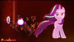 Size: 1920x1080 | Tagged: safe, artist:choefeker, imported from derpibooru, starlight glimmer, pony, unicorn, the ending of the end, badass, cool guys don't look at explosions, explosion, female, geometry dash, leaves, lidded eyes, magic, solo, starlight glimmer in places she shouldn't be, walking away from explosion, windswept mane