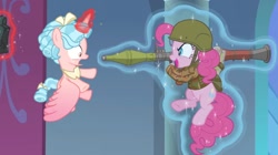 Size: 1344x752 | Tagged: safe, artist:buckweiser, edit, edited screencap, imported from derpibooru, screencap, cozy glow, pinkie pie, alicorn, pony, the ending of the end, afghanistan, alicornified, bow, clothes, cozybuse, cozycorn, evil grin, grin, grogar's bell, jamsheed, levitation, magic, military uniform, party bazooka, race swap, rpg-7, smiling, surprise motherfucker, tail bow, telekinesis, this will end in death, this will end in explosions, this will end in pain and/or death, uniform, weapon