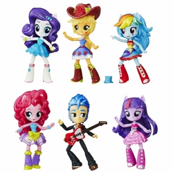 Size: 1500x1500 | Tagged: safe, imported from derpibooru, applejack, flash sentry, pinkie pie, rainbow dash, rarity, twilight sparkle, equestria girls, clothes, doll, dress, equestria girls minis, female, guitar, hat, male, minis, musical instrument, style, toy