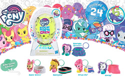 Size: 480x300 | Tagged: safe, imported from derpibooru, apple bloom, fluttershy, photo finish, princess cadance, rainbow dash, rarity, sandbar, sci-twi, starlight glimmer, twilight sparkle, pony, box, confetti, cutie mark crew, doll, female, glasses, hasbro, mare, my little pony logo, new, toy