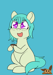Size: 2893x4092 | Tagged: safe, artist:sharpiesketches, imported from derpibooru, oc, oc only, oc:honey mint, earth pony, pony, big eyes, blushing, coffee, commission, cup, cute, food, logo, short mane, simple background, smiling, solo, tea, ych result, your character here