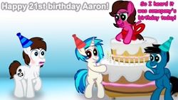 Size: 3840x2160 | Tagged: safe, artist:agkandphotomaker2000, imported from derpibooru, dj pon-3, vinyl scratch, oc, oc:brain teaser, oc:pony video maker, oc:rose bloom, earth pony, pegasus, pony, unicorn, bipedal, birthday, birthday cake, birthday card, birthday hats, brainbloom, cake, canon x oc, food, mare inside a cake, oc x oc, popping out of a cake, shipping, surprise cake, videoscratch