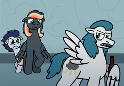 Size: 2048x1416 | Tagged: safe, artist:kindheart525, imported from derpibooru, soarin', oc, oc:paint swirl, oc:thunderbolt, pegasus, pony, kindverse, bottle, facial hair, moustache, mullet