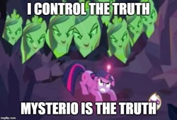 Size: 605x412 | Tagged: safe, edit, edited screencap, imported from derpibooru, screencap, princess cadance, queen chrysalis, twilight sparkle, a canterlot wedding, caption, fake cadance, image macro, meme, mysterio, spider-man: far from home, text