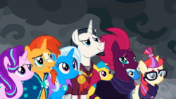 Size: 600x338 | Tagged: safe, imported from derpibooru, screencap, chancellor neighsay, fizzlepop berrytwist, lemon hearts, moondancer, pokey pierce, sea swirl, seafoam, starlight glimmer, sunburst, tempest shadow, trixie, pony, unicorn, season 9, the ending of the end, spoiler:s09, animated, background pony, broken horn, cape, clothes, cute, eye scar, female, glasses, horn, looking at each other, male, mare, neighsaybetes, robe, scar, shipping fuel, smiling, stallion, sunburst's cloak, trixie's cape, when he smiles, when she smiles