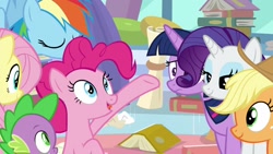 Size: 1920x1080 | Tagged: safe, imported from derpibooru, screencap, applejack, fluttershy, pinkie pie, rainbow dash, rarity, spike, twilight sparkle, alicorn, pony, the ending of the end, book, mane seven, mane six, twilight sparkle (alicorn)