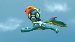 Size: 3840x2160 | Tagged: safe, artist:wissle, imported from derpibooru, rainbow dash, pegasus, pony, 3d, clothes, female, flying, goggles, happy, happy birthday mlp:fim, mare, mlp fim's ninth anniversary, smiling, solo, source filmmaker, uniform, wonderbolts uniform