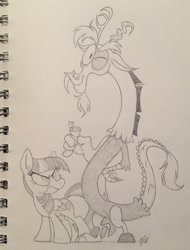 Size: 1551x2046 | Tagged: safe, artist:sparkarez, imported from derpibooru, discord, twilight sparkle, alicorn, pony, monochrome, traditional art, twilight sparkle (alicorn), unamused
