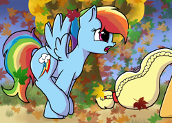 Size: 2100x1500 | Tagged: safe, artist:jellysketch, artist:jellyys, imported from derpibooru, applejack, rainbow dash, earth pony, pegasus, pony, fall weather friends, alternate hairstyle, female, leaf, leaves, mare, open mouth, running, running of the leaves, tree