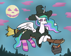 Size: 1096x872 | Tagged: safe, artist:jargon scott, imported from derpibooru, princess celestia, alicorn, pony, broom, candy, cauldron, clothes, costume, female, flying, flying broomstick, food, full moon, halloween, halloween costume, holiday, mare, moon, socks, solo, striped socks, witch