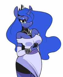 Size: 2089x2549 | Tagged: safe, artist:sourspot, imported from derpibooru, princess luna, alicorn, anthro, adorasexy, bare shoulders, beautiful, beautisexy, blushing, breasts, clothes, cute, digital art, dress, female, hair over one eye, lidded eyes, lunabetes, mare, pretty, sexy, simple background, smiling, solo, white background, white dress