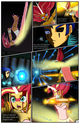 Size: 2331x3600 | Tagged: safe, artist:artemis-polara, imported from derpibooru, flash sentry, sunset shimmer, comic:a battle to save a possessed soul, equestria girls, arm cannon, armor, armpits, aura, beam, bleeding, blocking, blood, breasts, cleavage, clothes, comic, commission, corrupted, danger, dark samus, daydream shimmer, defending, destruction, devastation, dress, electrified, electrocution, energy weapon, explosion, falling, fear, female, fight, forest, guarding, horn, injured, magic, male, metroid, night, pain, phazon, possessed, red eye, scared, serious, serious face, shocked expression, tree, weapon