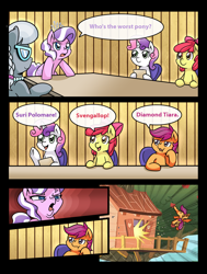 Size: 1202x1588 | Tagged: safe, artist:vavacung, edit, imported from derpibooru, apple bloom, diamond tiara, scootaloo, silver spoon, sweetie belle, earth pony, pegasus, pony, unicorn, :t, abuse, arin hanson face, clubhouse, comic, cross-popping veins, crusaders clubhouse, cutie mark crusaders, defenestration, employer meme, exploitable meme, female, filly, meme, ponified meme, scootabuse, speed lines, swirly eyes, worst pony