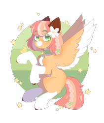 Size: 1280x1515 | Tagged: safe, artist:koishay, imported from derpibooru, oc, oc:baby cakes, bird, chicken, bell, braid, choker, coat markings, eyebrows, eyebrows visible through hair, female, flower, flower in hair, green eyes, pegasus oc, socks (coat marking), socks (coat markings), stars