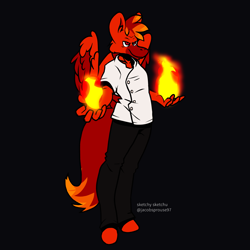 Size: 5043x5042 | Tagged: safe, artist:sketchy sketchu, imported from derpibooru, oc, oc only, oc:burning inferno, anthro, pegasus, plantigrade anthro, chef, chef outfit, fire, male, pegasus oc, pyromancer, pyromancy, solo