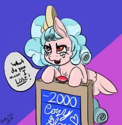 Size: 586x601 | Tagged: safe, artist:huffylime, imported from derpibooru, cozy glow, pegasus, pony, angry, cozy glow is not amused, female, filly, game show, gameshow, jeopardy, solo