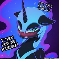 Size: 750x750 | Tagged: safe, artist:lumineko, imported from derpibooru, nightmare moon, alicorn, pony, armor, blushing, cute, dialogue, fangs, female, horn, imminent hugs, looking at you, mare, moonabetes, open mouth, solo, tsundere, tsundere moon