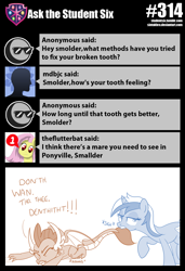 Size: 800x1172 | Tagged: safe, artist:sintakhra, imported from derpibooru, minuette, smolder, dragon, pony, unicorn, tumblr:studentsix, behaving like a cat, biting, broken tooth, dragging, mouth hold, pulling, sigh, tail, tail bite, tail pull