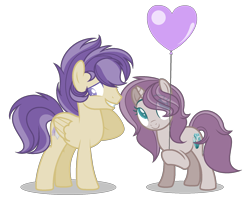 Size: 1720x1374 | Tagged: safe, artist:browniepawyt, imported from derpibooru, oc, oc only, oc:amethyst, oc:elijah, pegasus, pony, unicorn, balloon, base used, colored pupils, female, magical lesbian spawn, male, mare, oc x oc, offspring, offspring shipping, parent:angel wings, parent:petunia paleo, parent:rarity, parent:scootaloo, shipping, stallion