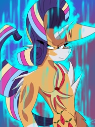 Size: 1536x2048 | Tagged: safe, artist:supercyclonepro, imported from derpibooru, applejack, rarity, earth pony, semi-anthro, unicorn, bipedal, dragon ball, dragon ball super, dragon ball super: broly, female, fusion, lesbian, rainbow power, rarijack, shipping