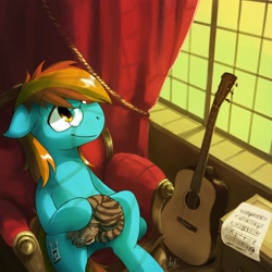 Size: 2000x2000 | Tagged: safe, artist:anticular, imported from derpibooru, oc, oc only, oc:4everfreebrony, cat, earth pony, pony, acoustic guitar, album cover, chair, floppy ears, glasses, guitar, male, musical instrument, sitting, smiling, solo, stallion, window