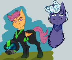 Size: 1280x1066 | Tagged: safe, artist:sakishithewolf, imported from derpibooru, rolling thunder, scootaloo, pegasus, pony, the washouts (episode), clothes, doodle, duo, female, filly, helmet, mare, pint-sized dynamite, scar, smiling, smirk, standing, uniform, washouts uniform