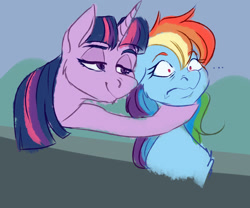 Size: 1280x1066 | Tagged: safe, artist:sakishithewolf, imported from derpibooru, rainbow dash, twilight sparkle, twilight sparkle (alicorn), alicorn, pegasus, pony, the washouts (episode), ..., doodle, female, hoof on chin, lesbian, mare, pinpoint eyes, scene interpretation, shipping, shocked, smug, twidash