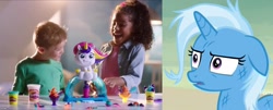 Size: 1232x500 | Tagged: safe, edit, edited screencap, imported from derpibooru, screencap, trixie, pony, unicorn, road to friendship, cropped, female, floppy ears, injured, mare, messy mane, play-doh, reaction image, shocked, solo, stare, thousand yard stare, tootie the unicorn ice cream set, wat