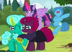 Size: 1415x1014 | Tagged: safe, artist:徐詩珮, imported from derpibooru, fizzlepop berrytwist, glitter drops, spring rain, tempest shadow, twilight sparkle, twilight sparkle (alicorn), alicorn, pony, unicorn, series:sprglitemplight diary, broken horn, clothes, female, glitterlight, glittershadow, horn, lesbian, mare, polyamory, prank, shipping, sleeping, snoring, sprglitemplight, springdrops, springlight, springshadow, springshadowdrops, tempest shadow is not amused, tempestlight, unamused