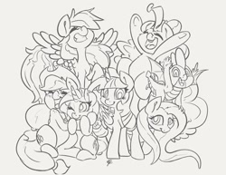 Size: 1280x989 | Tagged: safe, artist:leadhooves, imported from derpibooru, applejack, fluttershy, pinkie pie, rainbow dash, rarity, spike, twilight sparkle, twilight sparkle (alicorn), alicorn, dragon, earth pony, pegasus, pony, unicorn, armpits, cute, eyes closed, female, hug, male, mane seven, mane six, mare, monochrome, one eye closed, open mouth, smiling, winged spike, wings